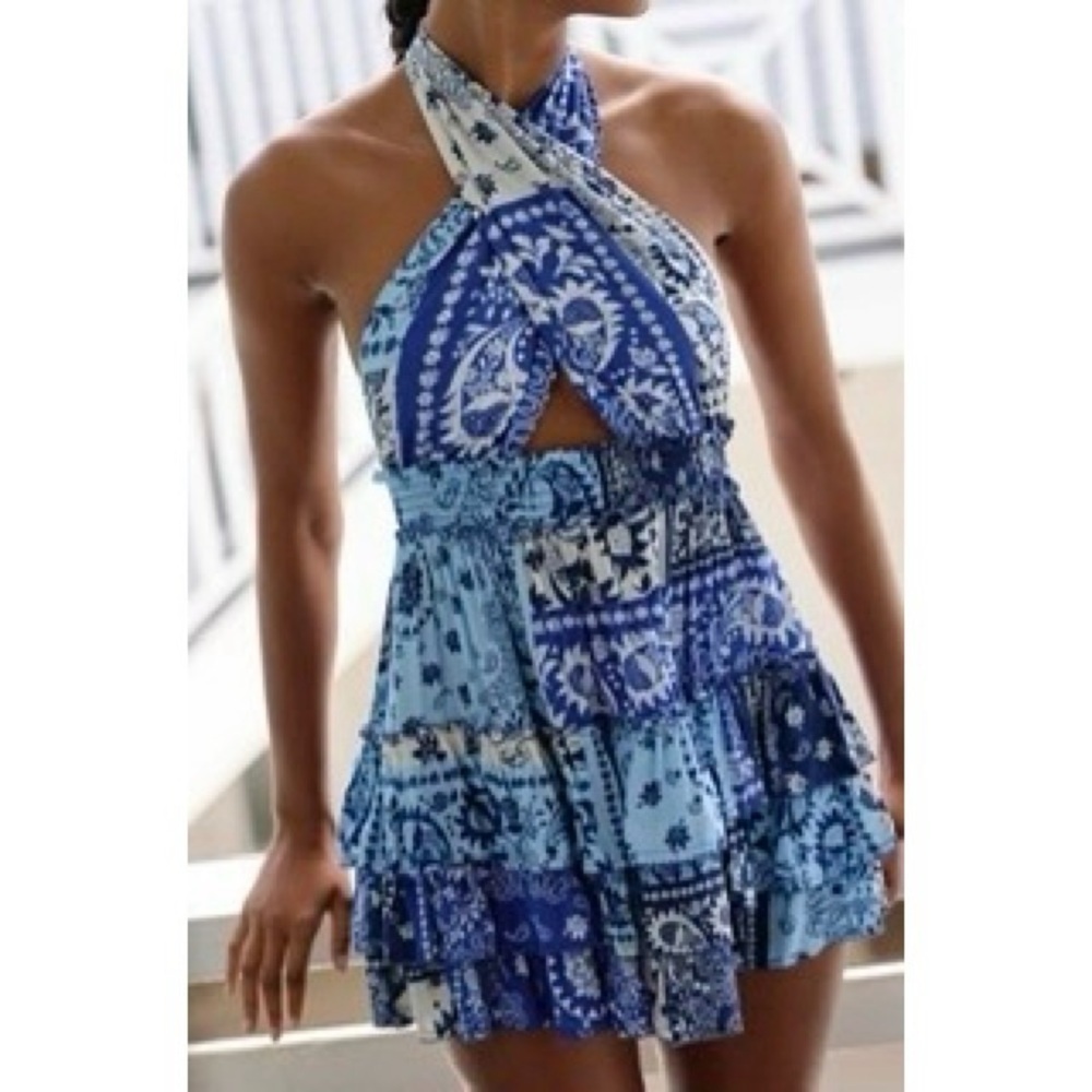 NEW AGUA BENDITA Maona Printed Halter Ruffle Mini Dress
